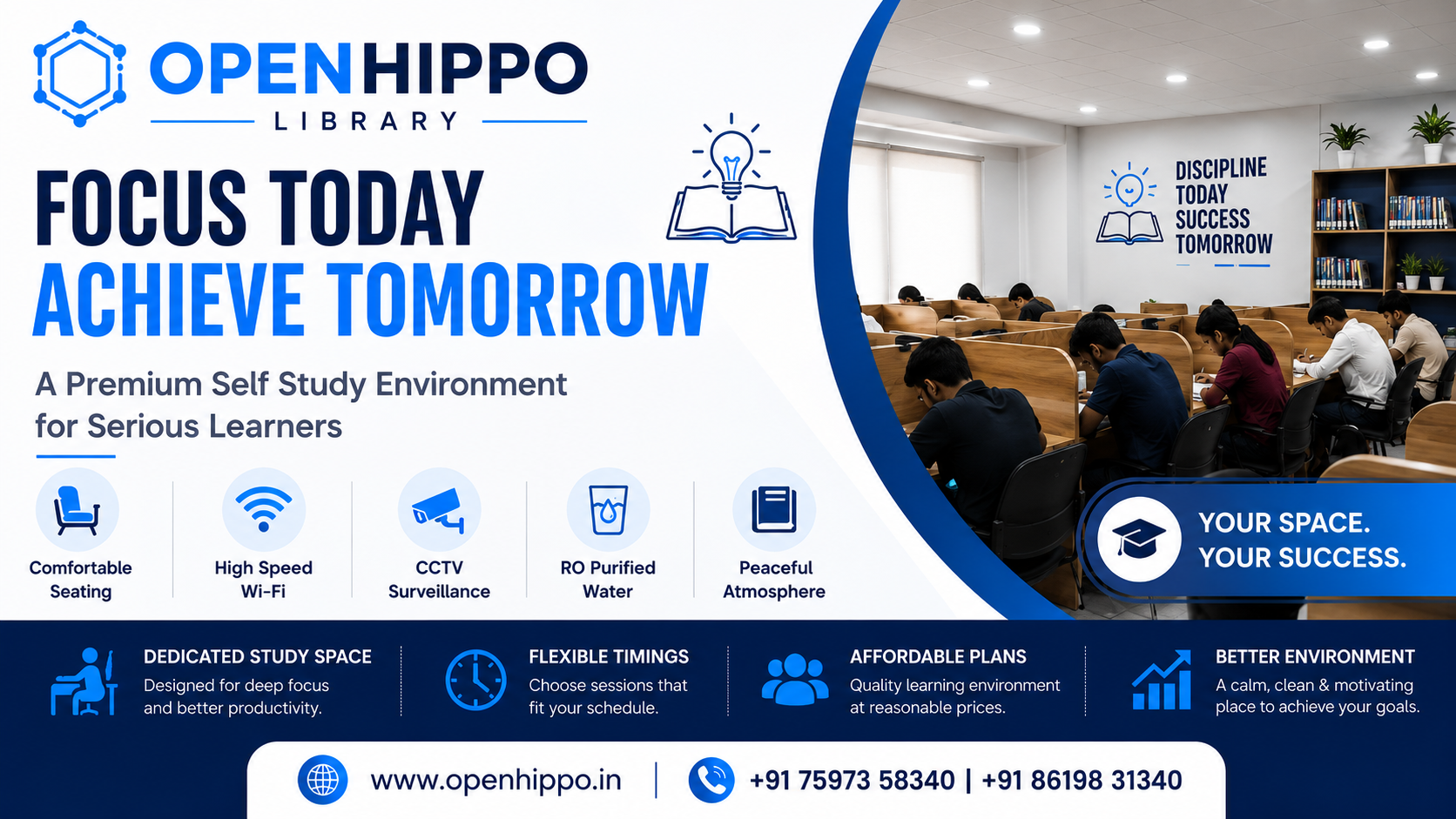 Interior of OpenHippo self-study library in Jagatpura, Jaipur